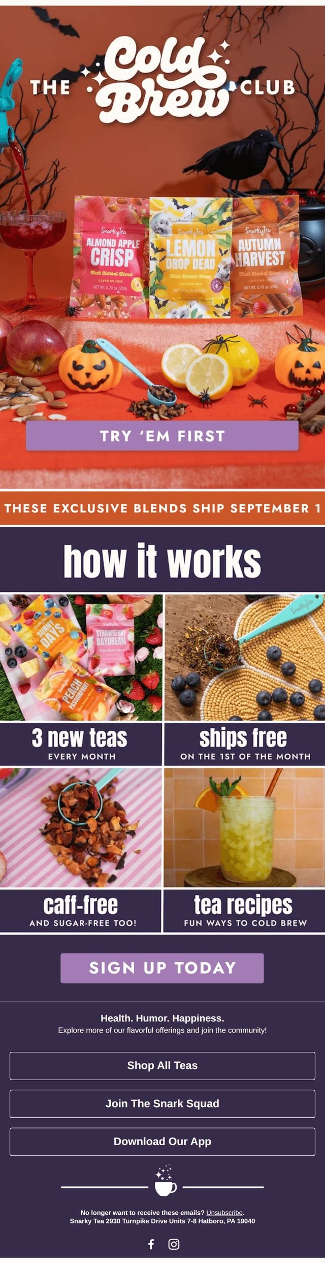 Full-length email design: a subscription club launch campaign.