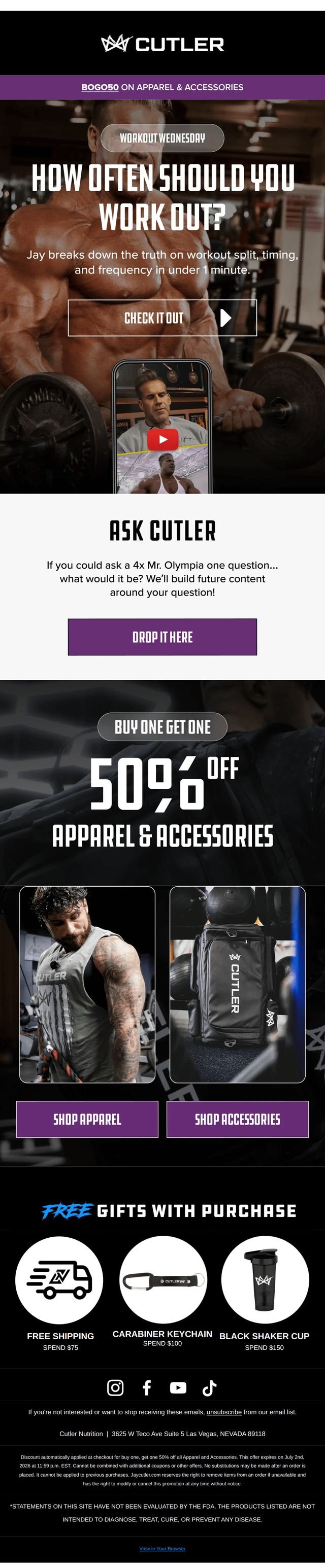 Full-length email design: an editorial campaign pairing content with a sitewide offer.
