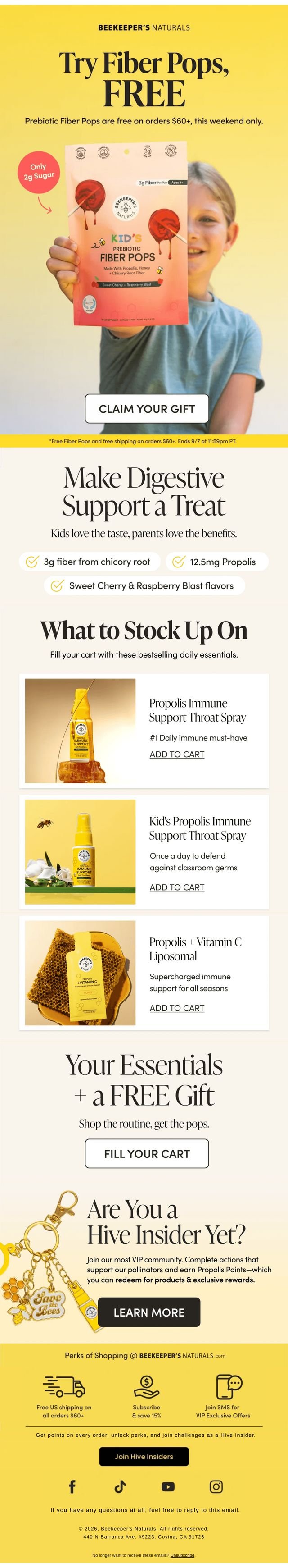 Full-length email design: a free-gift offer with cross-sell blocks.
